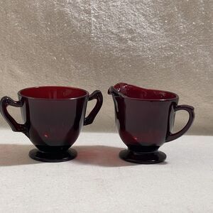ROYAL RUBY Anchor Hocking SUGAR‎ BOWL and CREAMER Christmas Holiday Season Table